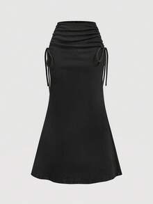 SHEIN MOD 女式休闲牛仔裙，侧抽绳，褶饰鱼尾下摆，秋季 - 深灰色 - 查看 3