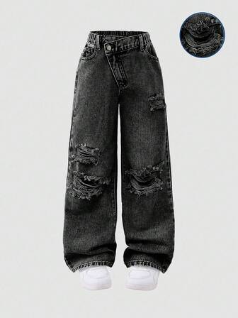 SHEIN 女孩和青少年 Y2K 街头休闲破洞不对称腰部柔软舒适浅色水洗蓝色牛仔裤，百搭百搭日常穿着，2025 年春夏新品