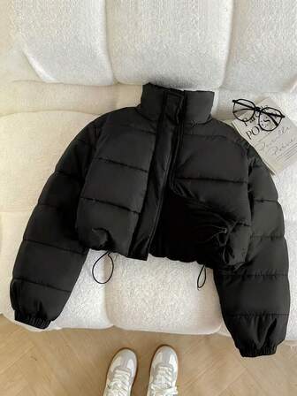 SHEIN Abrigos de invierno para adolescentes con cremallera y cordón, abrigo acolchado corto. Abrigos de invierno casuales para damas a finales del otoño con cordón y cremallera, manga regular, cuello de embudo, ajuste regular, color caqui liso. Abrigos de invierno para niñas, calidez y moda de invierno