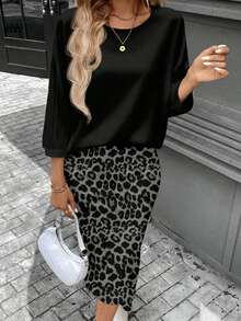 SHEIN LUNE Damski, modny, swobodny top i spódnica w panterkę, 2-częściowy komplet, odpowiedni na jesień/zimę