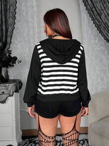 Whyspr Grunge Punk Plus Size Women Casual Loose Striped Patchwork Long Sleeve Sweatshirt - Black and White - View 2