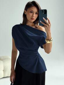 Aloruh New Stylish Versatile Gray One-Shoulder Ruched Decor Fitted Short Sleeve Blouse - Navy Blue - View 7
