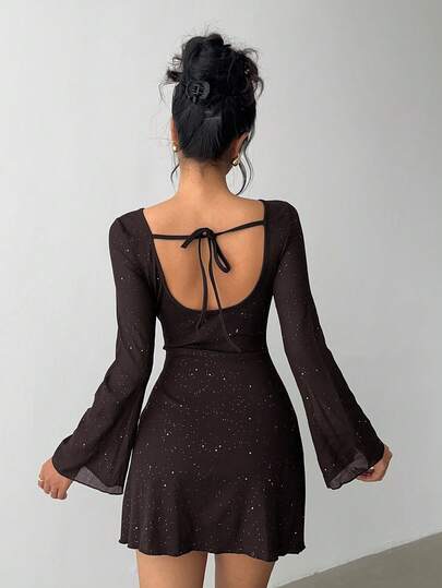 Aloruh 优雅蝴蝶结露背性感闪光面料修身迷你连衣裙