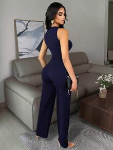 Vavine Elegant Business Casual Women's Outfit, Metal Button Decor Sleeveless Stretchy Fitted Sexy Camisole And Pants Black 2 Pieces Set - Royal Blue - View 2