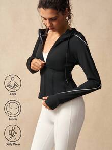 VARSIVA Women's Casual Zip-Up Hoodie Jacket With Thumb Hole And Drawstring, Suitable For Autumn - Black - View 11