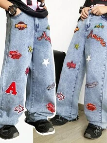 SHEIN Tween Boy Light Blue Y2k Vintage Cool Street Life Casual Graphic Street Fashion Multi-Patterned Denim Loose Jeans For Summer,School,Back-To-School - Blue - View 2
