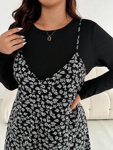 SHEIN Essnce 大码女装秋冬时尚休闲宽松舒适日常黑色T恤长袖上衣和黑白碎花吊带长裙两件套，秋季服装 - 黑色 - 查看 4