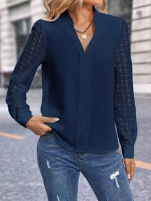 SHEIN Clasi Blusa con mangas de encaje en contraste y cuello en punta, blusas de manga larga