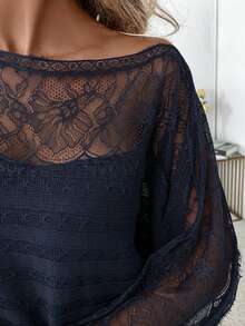 Reflora Women's Lace Trim Patchwork Pullover Sweater/Winter Fall - Navy Blue - View 3