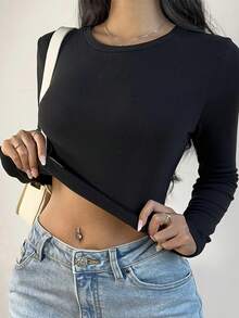 SHEIN BASICS 两件装纯色针织圆领长袖修身短款T恤，女士款，升级保暖面料，带保暖内衬但不臃肿，基础款弹力百搭秋冬女装上衣 - 棕色 - 查看 4