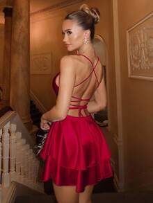 Relinas 酒红色性感露背缎面褶饰连衣裙，街头服饰，女士俱乐部服装，婚礼宾客礼服，约会之夜服装，生日服装，秋冬连衣裙，万圣节连衣裙，派对必备，连衣裙，闪光连衣裙