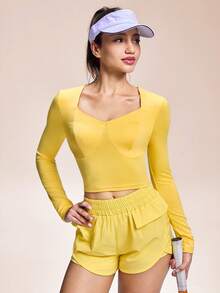 Core Rhythm T-shirt athlétique à manches longues coupe slim et taille courte, couleur unie et décontractée - Jaune citron - Voir 3