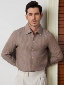 Core Aspect Camisa Casual de Manga Longa com Listras Verticais em Jacquard Marrom para Homens - Castanho - Visão 6
