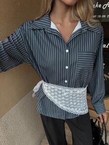 Elyressa Neues elegantes Urban Lace Akzent gestreiftes Hemd