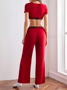 EasyFave 2pcs Women Lightweight Sports Vest And Shorts Set, Young & Fashionable, Waffle Fabric, Love Heart Design, Comfortable Casual Loungewear