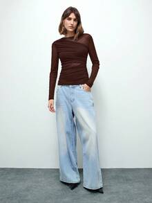 Maija Women's Asymmetric Design Modern Urban Casual Fashion Business Casual T-Shirt, Urban Commute Business Casual Women's Clothing, Office Attire, Elegant For Christmas Party, New Year, Brown Top - Brown - View 2