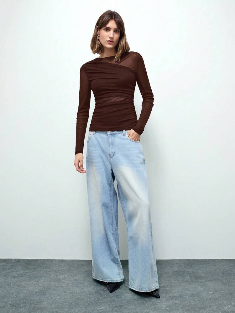 SHEIN Maija 女性用非対称デザイン モダンアーバンカジュアルビジネスカジュアルTシャツ、アーバンコミュートビジネスカジュアル女性服、オフィスウェア、クリスマスパーティー、新年、ブラウントップ向け エレガント