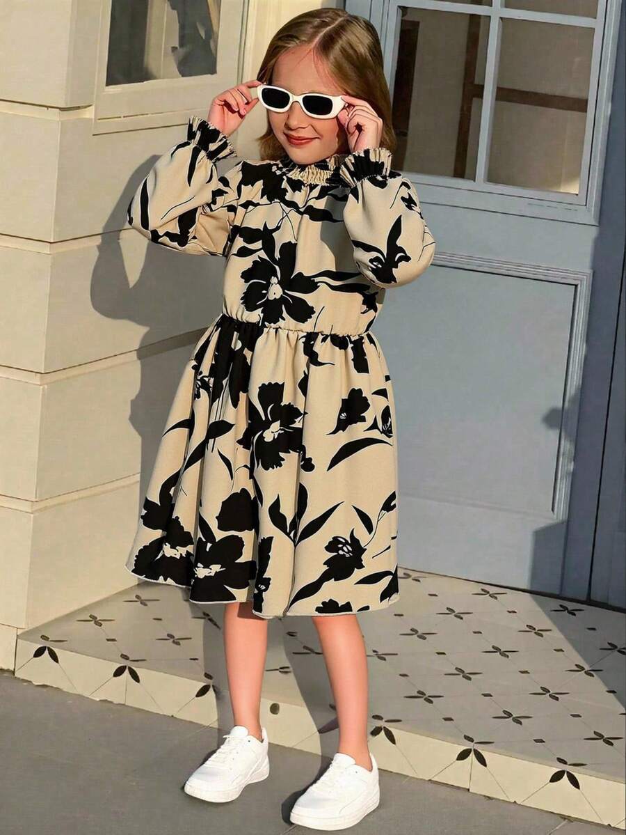 SHEIN Elladie kids Young Girls French Retro Floral Print Puff Sleeve Cinched Waist Loose A-Line Midi Dress, Casual, Spring/Autumn - Multicolor - View 1