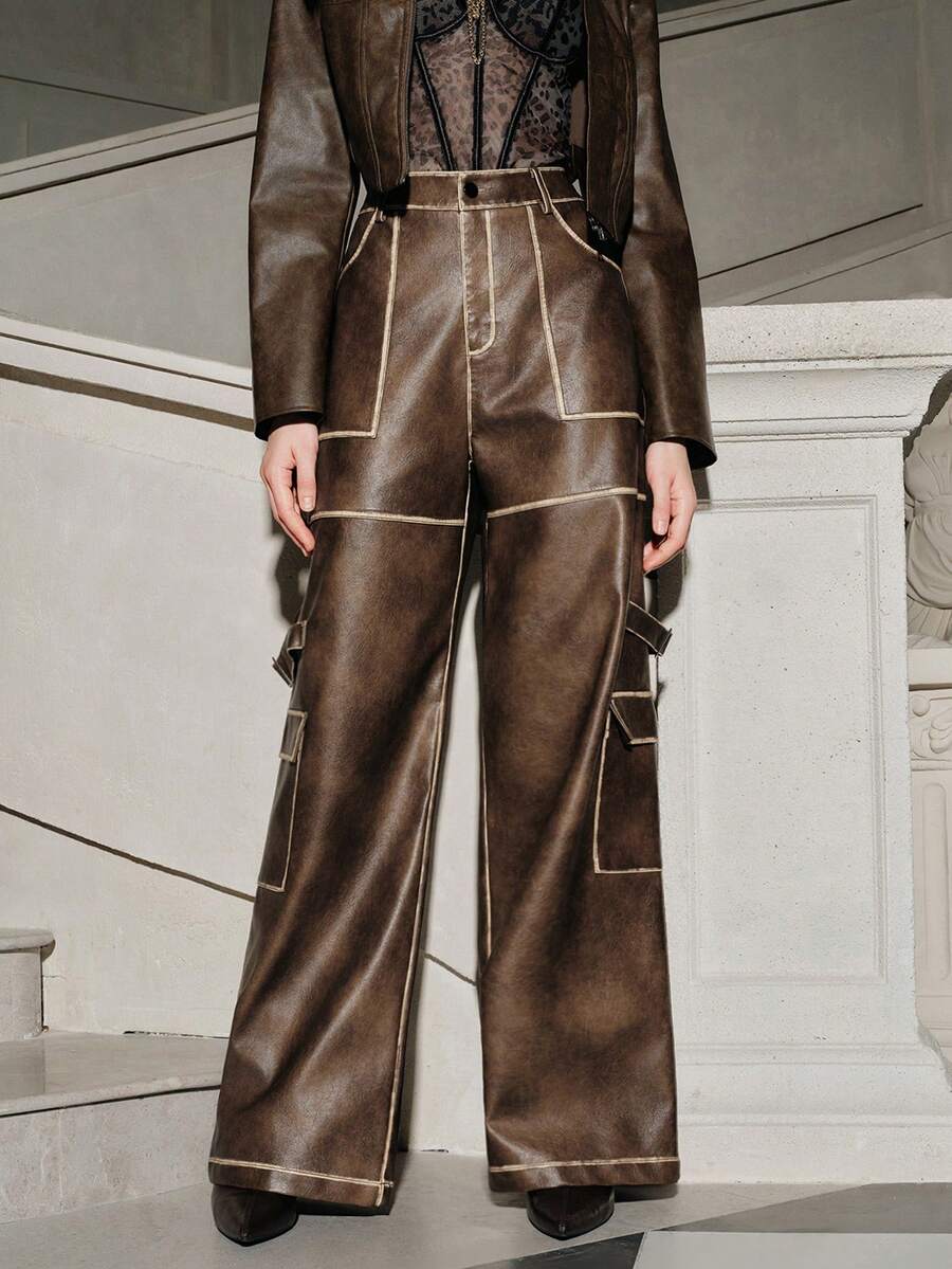 Anewsta Savoree Maillard 复古做旧女式工装PU皮裤，适合秋季、冬季、新年穿着，优雅、别致、时尚，圣诞节、外出皆宜 - 巧克力棕 - 查看 1