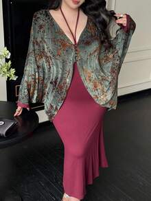 Vibekara Vintage Print Shawl Jacket & Solid Minimalist Slip Dress Elegant 2 Pieces Set Dress Cardigan Evening Wear Dinner Dress Dress With Cape - Green - View 7