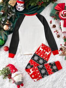 SHEIN Baby Boy Cute Christmas Graphic Pajama Set,White And Red Autumn Matching Family Crew Neck Long Sleeve Top And Pants,Snug Fit Casual Thick Sleepwear - Red - View 4