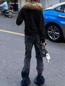 Rina Fox Women's Fashion Casual Retro Minimalist Romantic Elegant Vacation Long Sleeve Hooded Pocket Sweatshirt - Black - View 3