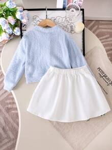 Young Girls Knitted Faux Fur Cardigan Long Sleeve Blue Soft Bow Pearl Button Front Jacket, White Pleated Skirt 2-Piece Set, Elegant Children Comfortable Outfit For Spring/Autumn - Blue - View 3