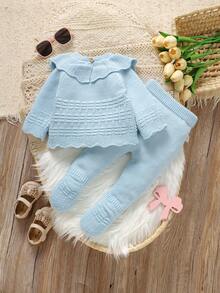 SHEIN 一套米色甜美婴儿毛衣套装，荷叶边领套头毛衣+新生儿打底裤，时尚甜美公主风两件套婴儿蓝针织套装，浅蓝色配套女婴针织两件套，女婴冬季服装套装，秋冬季两件套女婴保暖套装，两件套婴儿套装，秋冬季婴儿针织衫，婴儿服装 - 淺藍色 - 查看 2