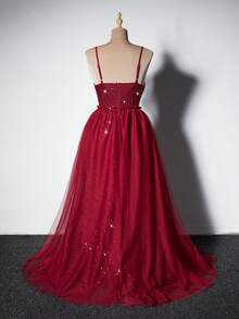 Viva Relle Plus Size Women Solid Color Sequin Contrast Mesh Ruffle Hem Slip Dress - Burgundy - View 3