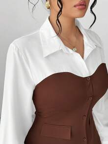 SHEIN Elenzya 女式纯色撞色拼布纽扣装饰长袖翻领连衣裙，春秋装 - 彩色 - 查看 4