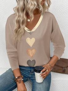 EMERY ROSE Koszulka damska z długim rękawem i dekoltem w serek, w stylu casual, z nadrukiem w kształcie serca, ze złotym kołnierzykiem z PU