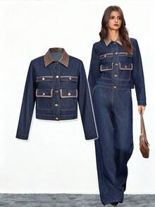 Selenza 女式休闲纽扣长袖牛仔夹克 - 藍色 - 查看 1