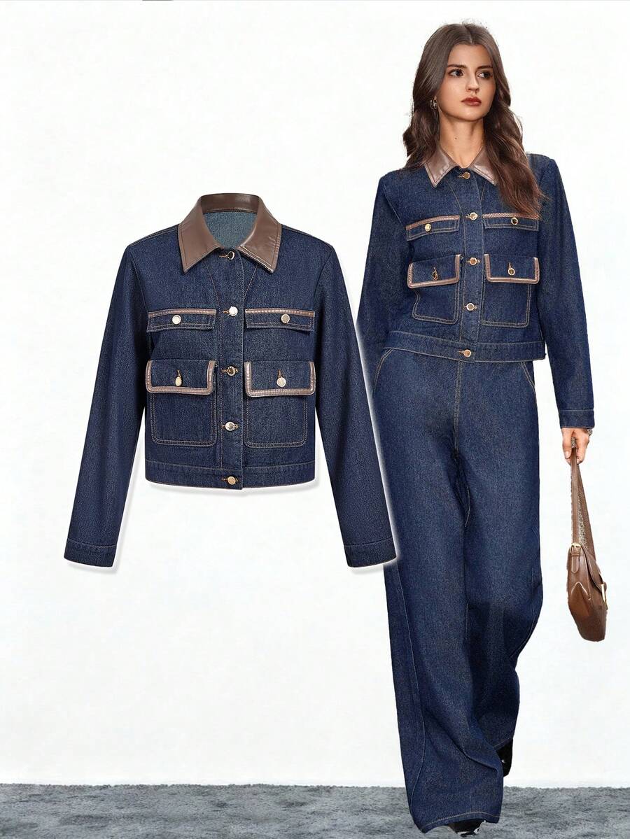 Selenza 女式休闲纽扣长袖牛仔夹克 - 藍色 - 查看 1