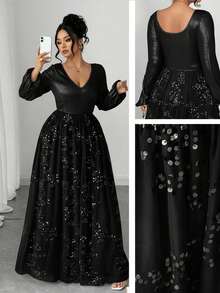 Elenzga Plus Size Sequin & Bead Embellished Mesh Long Sleeve Dress - Black - View 1