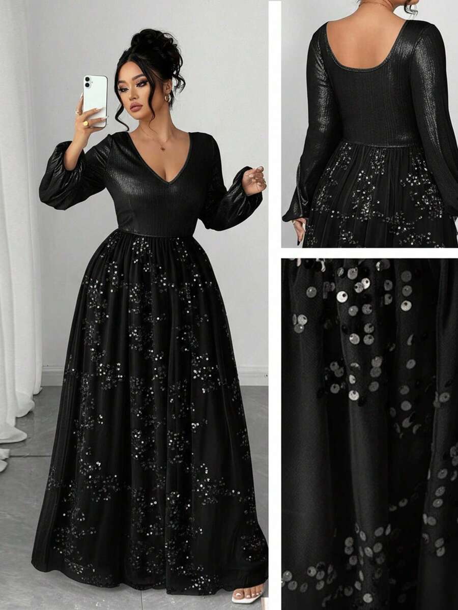 Elenzga Plus Size Sequin & Bead Embellished Mesh Long Sleeve Dress - Black - View 1