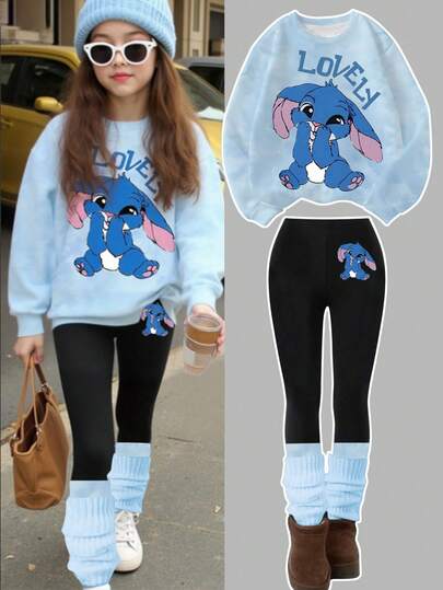 2 件套青少年女孩休闲时尚可爱卡通兔子水彩扎染印花蓝色圆领运动衫 + 拼布紧身裤套装，秋冬装