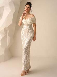 Coutiva 秋冬季优雅方领长袖修身鱼尾连衣裙，拖尾拼接蕾丝刺绣晚礼服，婚纱，派对礼服，圣诞礼服，情人节礼服 - 杏色 - 查看 7