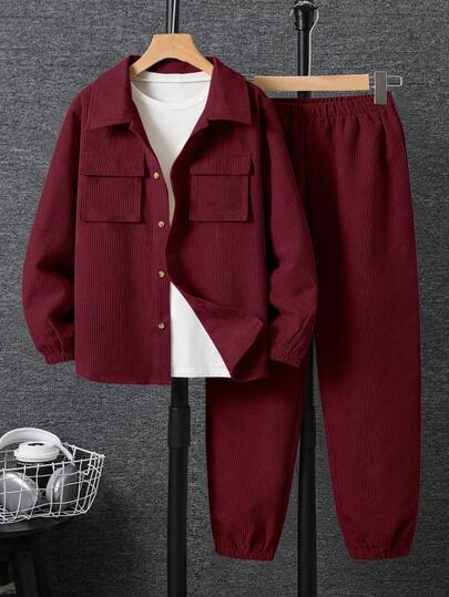 SHEIN 2pcs Tween Boy Casual Corduroy Fabric Cargo Pocket Turndown Collar Long Sleeve Shirt And Elastic Waist Pants Set, Suitable For Autumn/Spring, Outdoor Play, School, Street Style, Party And Leisure, High Cost-Performance