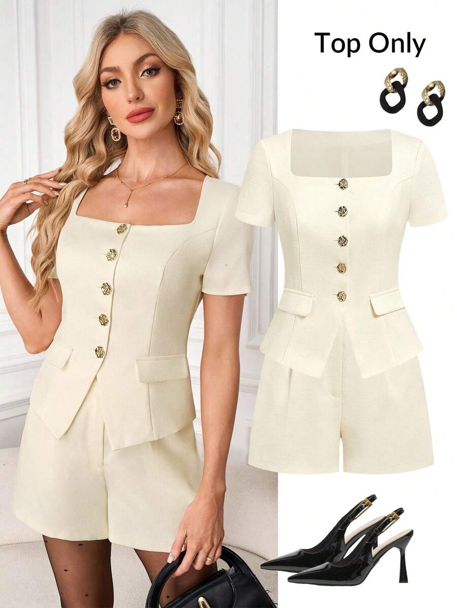 SHEIN Clasi 女款米色夏季優雅辦公商務襯衫,經典金屬扣飾內襯,高品質通勤基礎休閒女式襯衫,百搭女士感恩節穿搭 - 杏色 - 查看 1