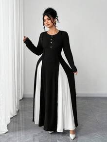 SHEIN Elenzya Robe longue col rond en patchwork noir et blanc pour femmes grandes tailles, élégante et confortable pour le port quotidien, automne/hiver - Multicolore - Voir 3
