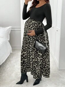 SHEIN Maternity Round Neck Raglan Sleeve Leopard Print Patchwork Fashion Dress - Grey - View 6