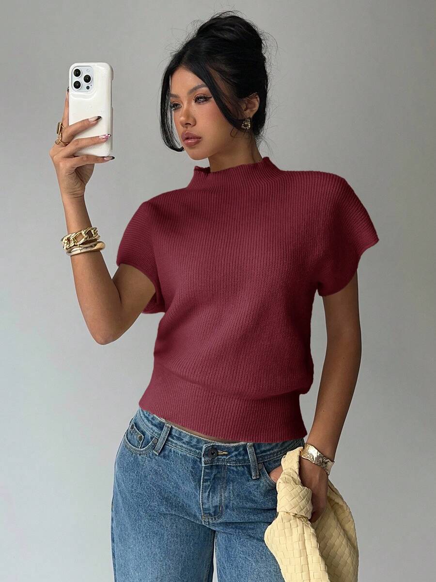 Aloruh 女式休闲纯色高领短袖毛衣 - 紫紅色 - 查看 1