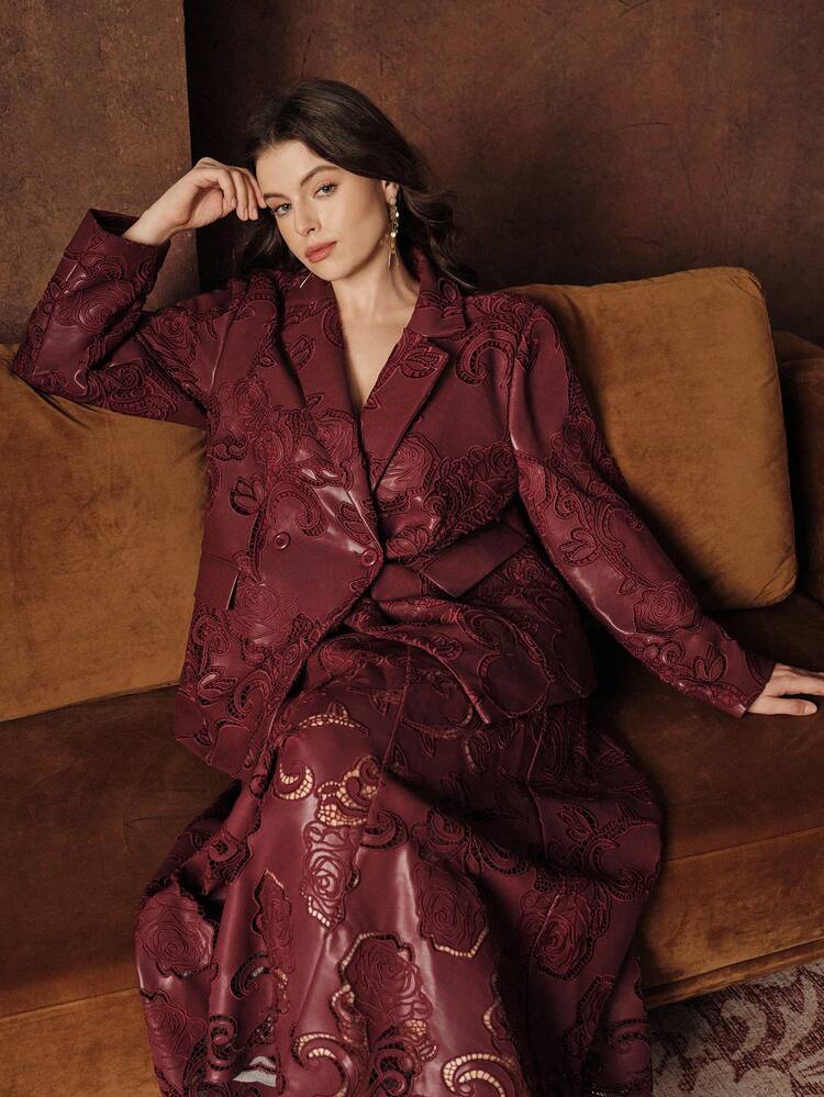 Blazer de Couro PU Bordado de Manga Longa, Elegante, Sofisticado, Formal, Roupa de Trabalho de Alta Qualidade, Novidade de Outono/Inverno para Mulheres