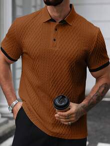 Manfinity Homme 男士纯色简约日常短袖Polo衫，男士纽扣针织Polo衫，锈红色衬衫，棕色男士上衣，针织男士衬衫，纹理短袖休闲Polo衫，锈红色男士衬衫，复古风格，日常休闲，周末旅行，户外活动，探险旅行，轻松的工作环境或半正式场合，男友/丈夫礼物，周年纪念/生日礼物，派对，圣诞节，新年，婚礼 - 咖啡棕 - 查看 5
