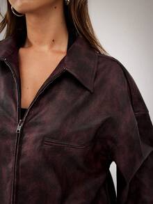 SHEIN BAE BAE 女式复古时尚落肩宽松拉链夹克，适合秋季棕色仿皮斑驳纹理水洗 PU 做旧服装圣诞女装冬季女装万圣节女装 - 酒紅色 - 查看 6