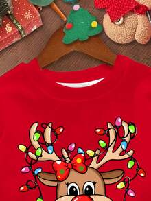 SHEIN Buon Natale, Maglioncino casual e minimalista da ragazza, con simpatico motivo natalizio di Rudolph la renna dal naso rosso e fiocchi di neve a pois, in rosso festivo, vestibilità morbida e comoda, collo a giro, manica lunga, adatto per l'autunno/inverno, Natale - Multicolore - Visualizzare 4
