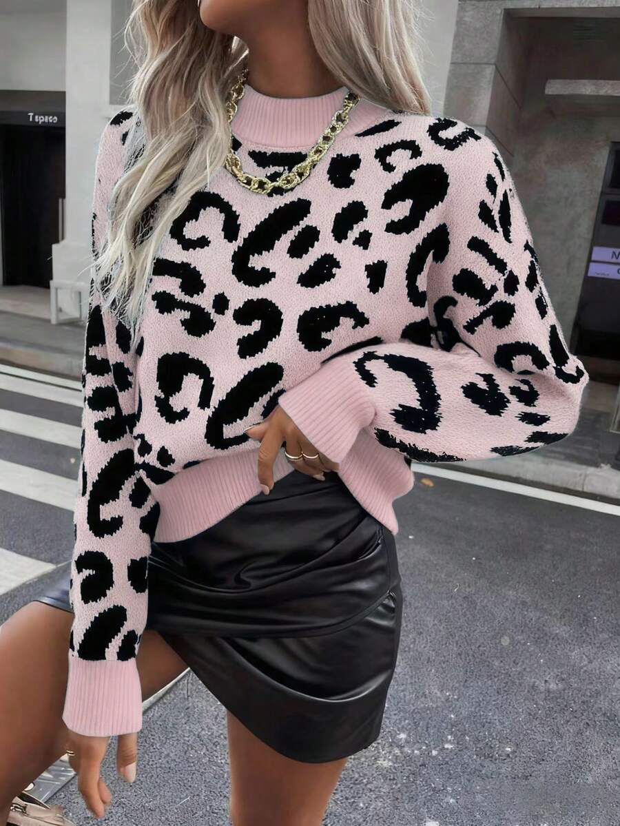 SHEIN LUNE Women's Leopard Print Crew Neck Casual Long Sleeve Pullover Sweater - Multicolor - View 1