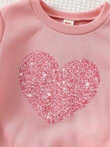 Cozy Pixies Conjunto de Moletom com Decote Ombro a Ombro e Estampa de Coração e Legging com Cintura Elástica Estampada para Menina, Adequado para o Dia dos Namorados - Rosa chiclete - Visão 4