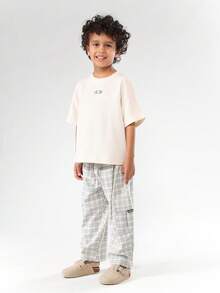 SUMWON 男童宽腿套头格纹裤松紧腰休闲格子长裤舒适日常穿着 - 淺灰色 - 查看 3