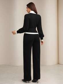 Modelyn 2件套女士撞色系带毛衣套装，冬季 - 黑與白 - 查看 6